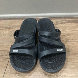 CROCS Patricia Sandals Comfort Wedge Slide Strappy Black Womens Size 9
